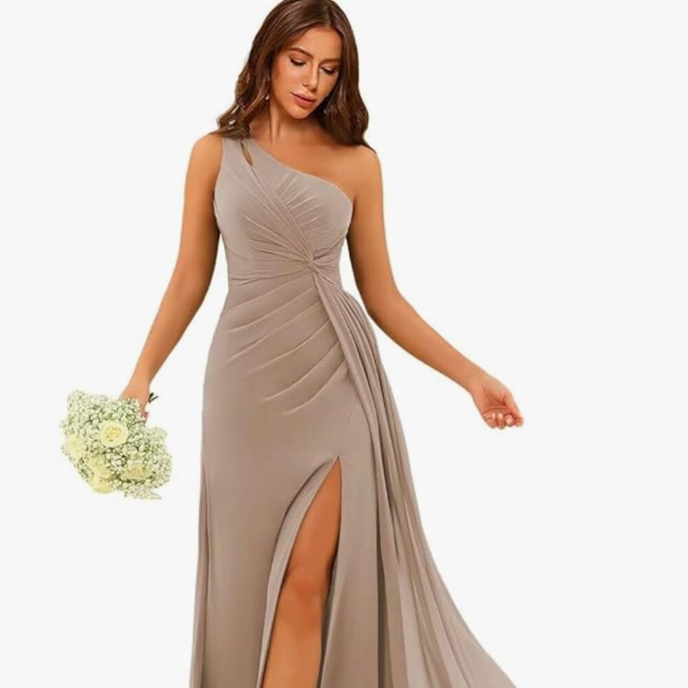 One-Shoulder Pleated Bridesmaid Dress – Taupe (Size 6)